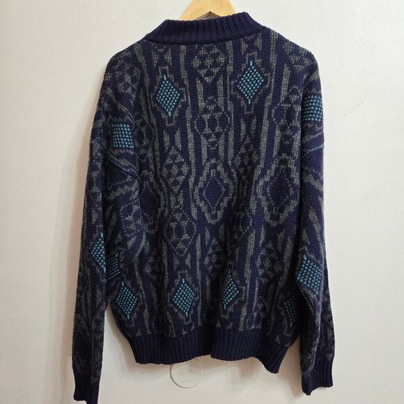 Vintage Grandpa Cardigan Sweater Zip Cosby Wool Blend Itailian Geometric XL - Picture 3 of 11